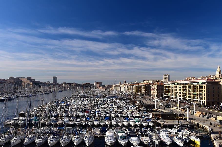Marseille, France, January, 2017, whiote boats, sky, architecture, building exterior, mode of transportation, transportation
