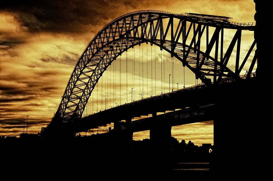 silhouette, metal bridge, yellow, sky, twilight, silver jubilee bridge, suspension bridge, runcorn bridge, bridge, road