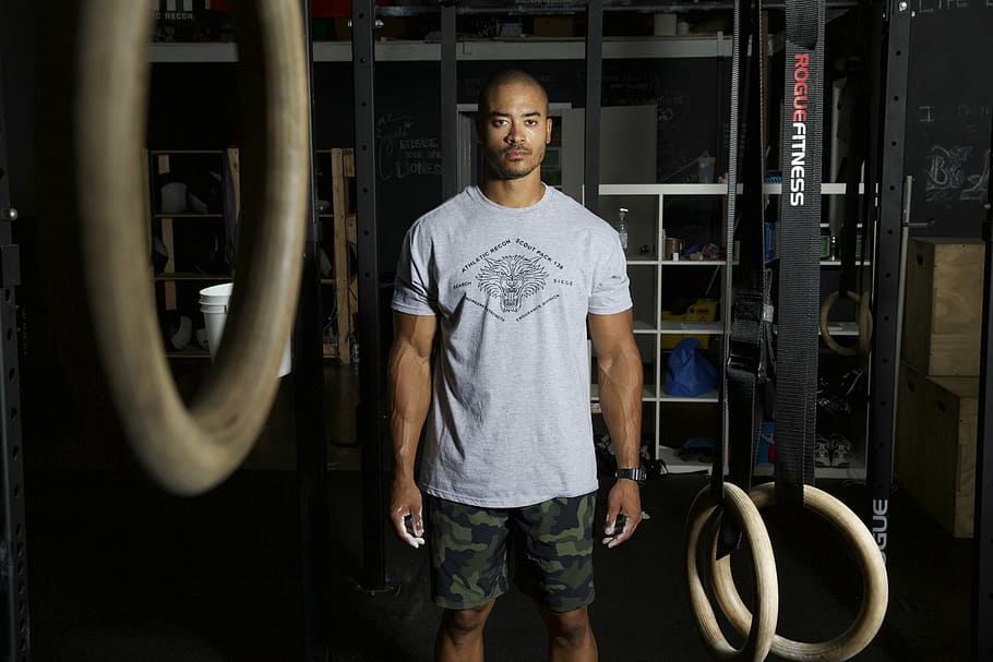 man, wearing, gray, crew-neck t-shirt, camouflage shorts, chalk, rings, crossfit, strength, sport