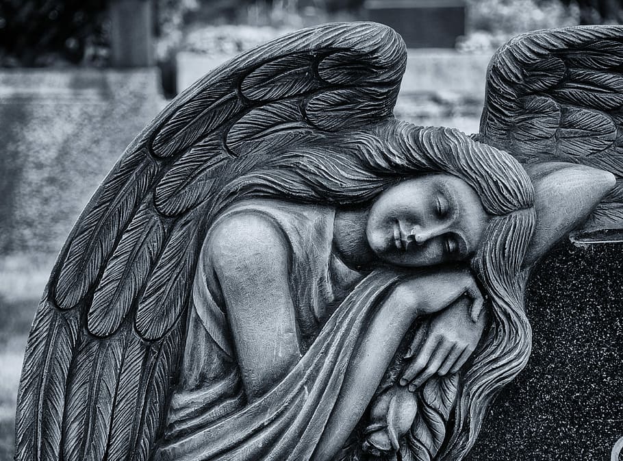 angel, cemetery, sculpture, tomb figure, art, mourning, tombstone, angel figure, religion, sleeping
