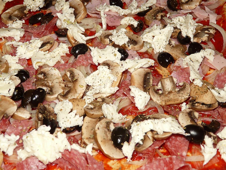 pizza topping, pizza, jamur, zaitun, keju feta, sosis, ham, daging asap, keju, pasta