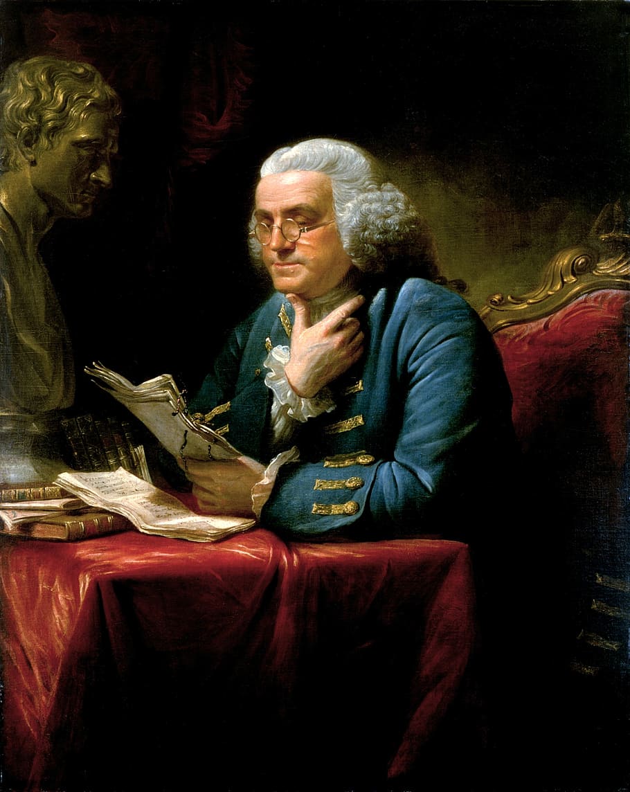 homem, azul, manga comprida, topo, pintura de livro de leitura, benjamin franklin, 1767, escritor, cientistas naturais, inventor