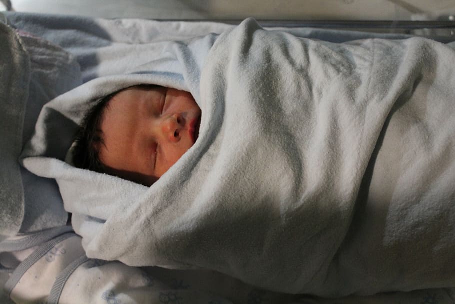 envolto, bebê, quente, primeiro, recém-nascido, criança, dormindo, cobertor, cama, pessoas