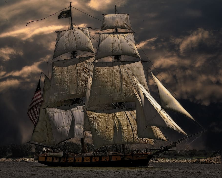 brown, white, pirate ship, body, water, sunset, vessel, boat, sea, nautical
