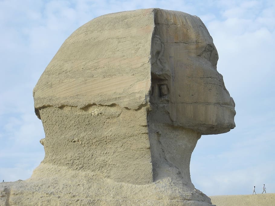 Sphinx, Egypt, Cairo, Old, Giza, stone head, hyman head, limestone statue, lion's body, human head
