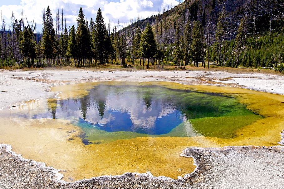 yellowstone, nasional, taman, Berwarna-warni, Taman Nasional Yellowstone, wyoming, usa, kuning, biru, air