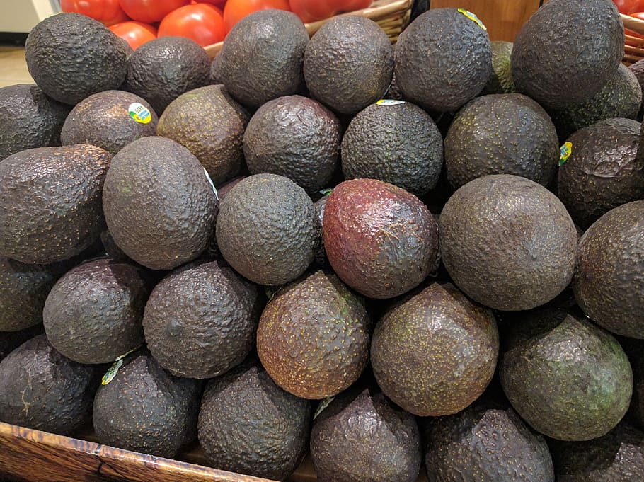 bunch, avocado, brown, container, avocados, super markets, vegetable stand, healthy, vegetable, store