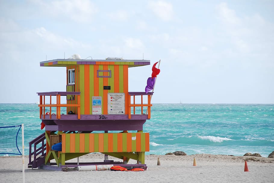 verde, naranja, rayado, 2 niveles, cabaña de 2 niveles, cuerpo, agua, Miami, playa, mar