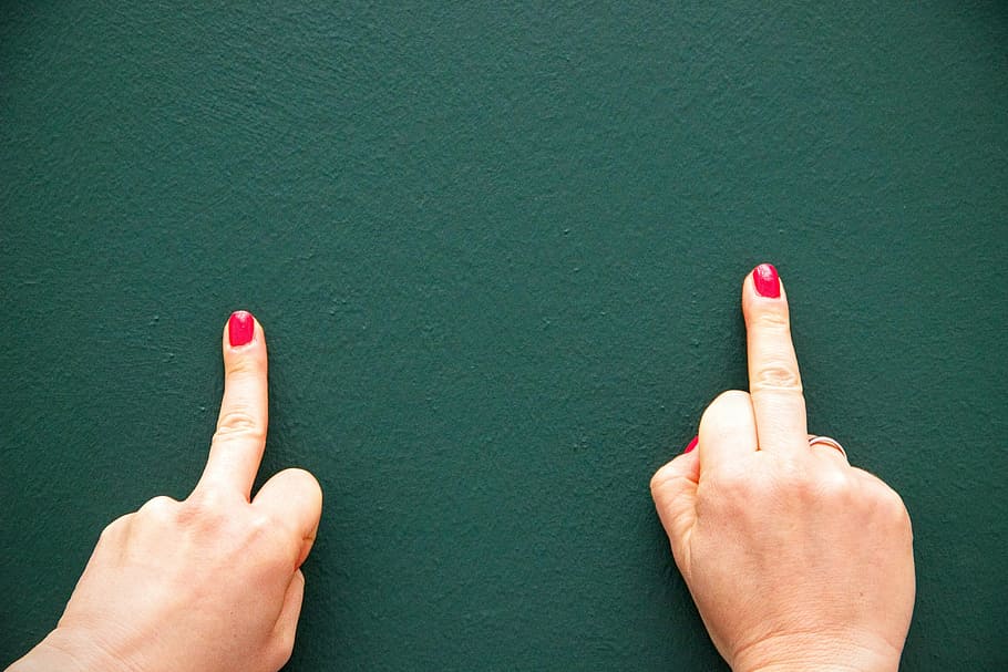 person, red, nail pedicure, showing, middle fingers, hands, green, wall, wallpaper, background