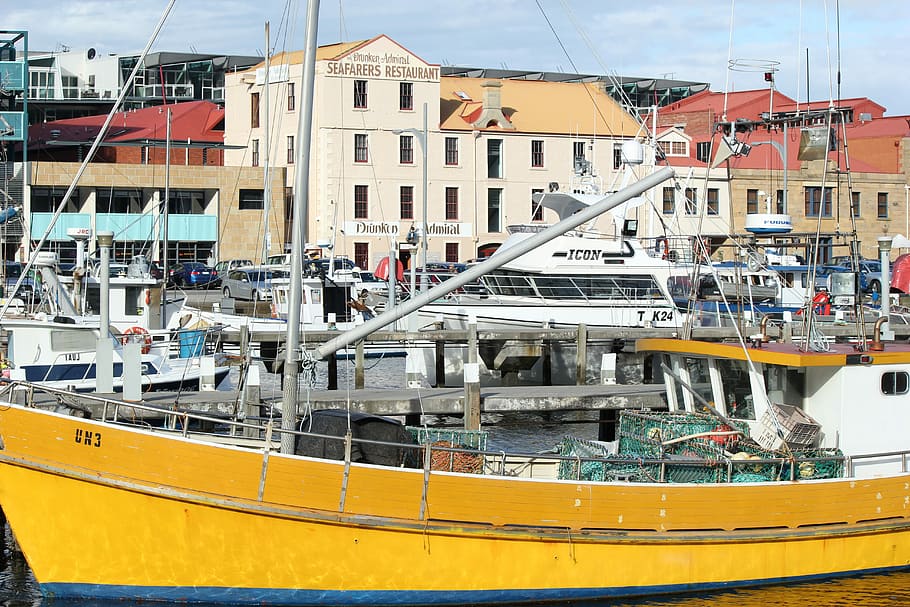 amarillo, blanco, tabla de pesca, Hobart, muelle, Tasmania, Marina, barco, embarcación náutica, puerto