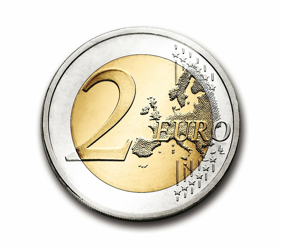 ronda moneda plateada, dorada de 2 euros, euro, 2, moneda, europa, dinero, riqueza, negocios, finanzas