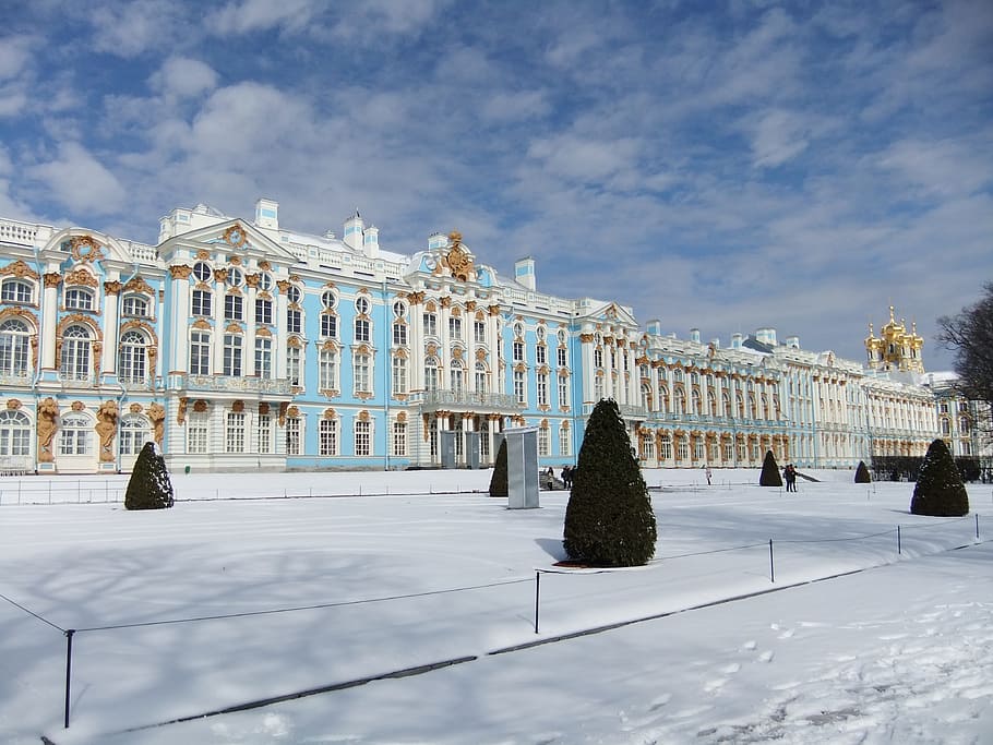 russia, st petersburg, castle, winter, snow, katharina the great, architecture, built structure, cold temperature, building exterior