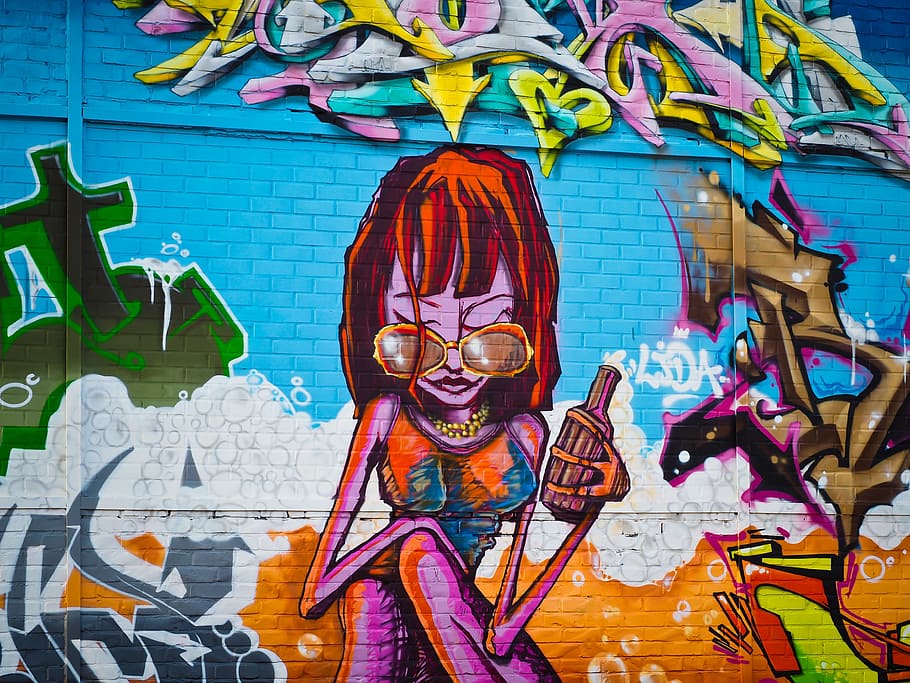 wanita, memegang, lukisan mural botol, botol, lukisan mural, grafiti, dinding, lukisan, lukisan dinding, fasad