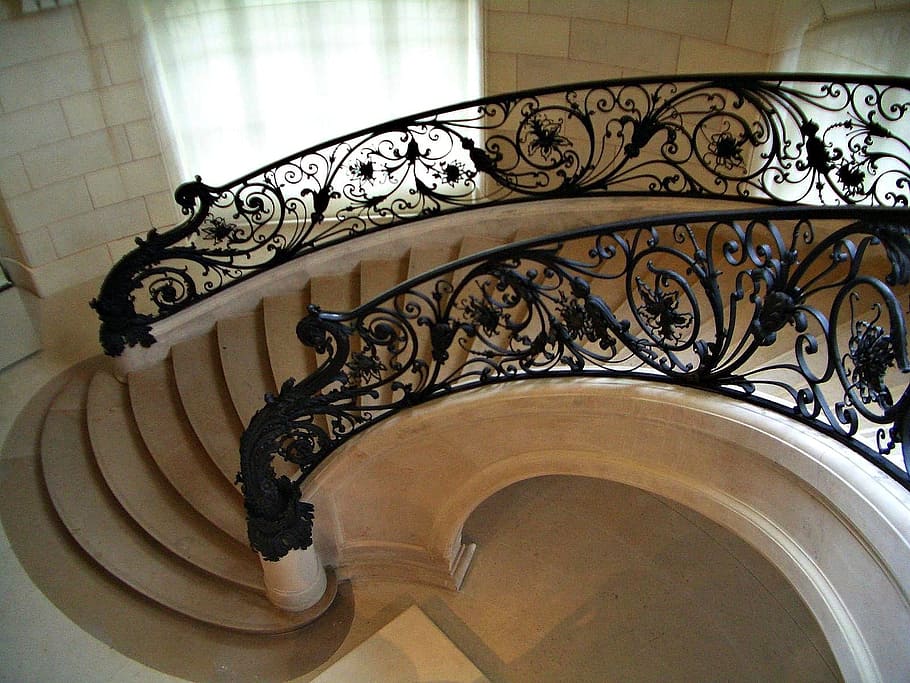 brown, concrete, stair, black, metal handrail, staircase, stairway, inside, interior, architecture