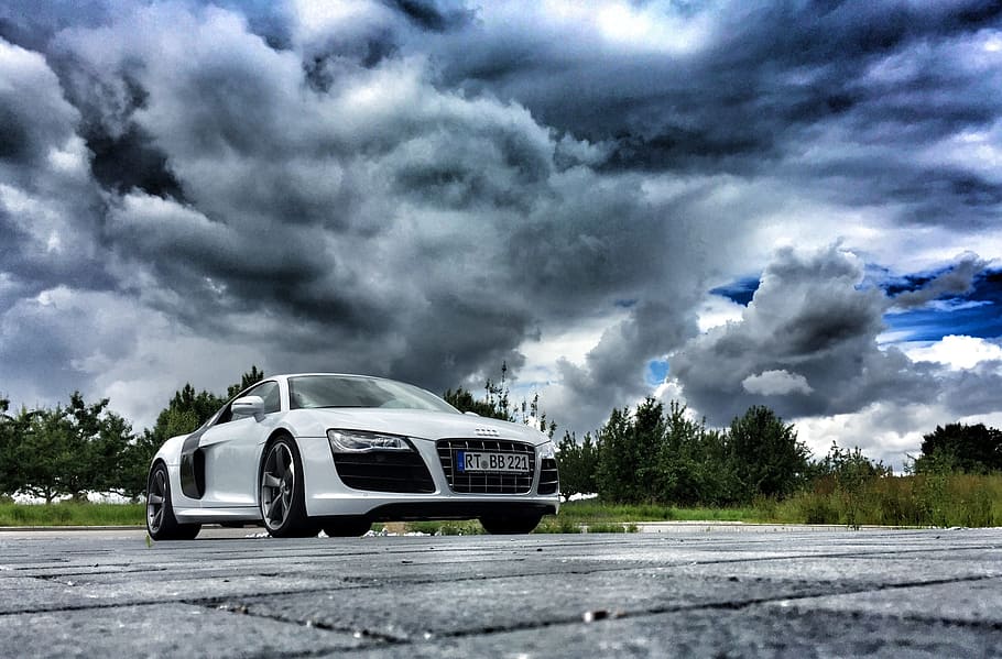 silver audi r 8, r8, parked, open, field, gray, clouds, Audi, R8, Sports Car, Thunder