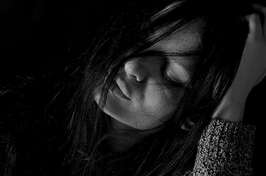 grayscale photography, woman, holding, head, girl, depression, sadness, hair, one person, headshot