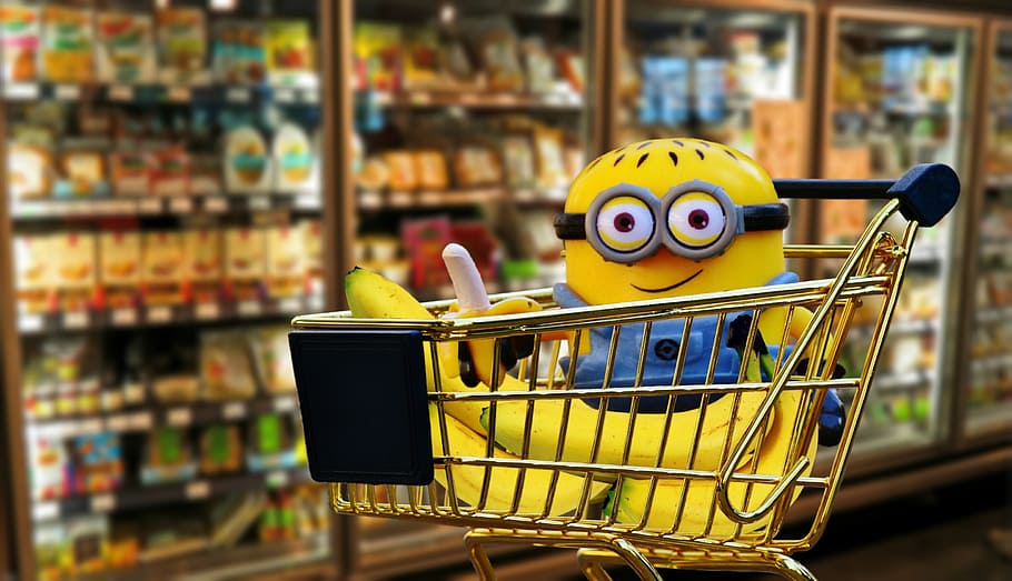minion, plush, toy, gold shopping cart, banana, fruit, healthy, shopping, cute, figure