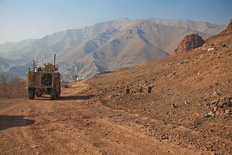 brown, armored, vehicle, dirt road, daytime, afghanistan, humvee, deployment, mountains, convoy