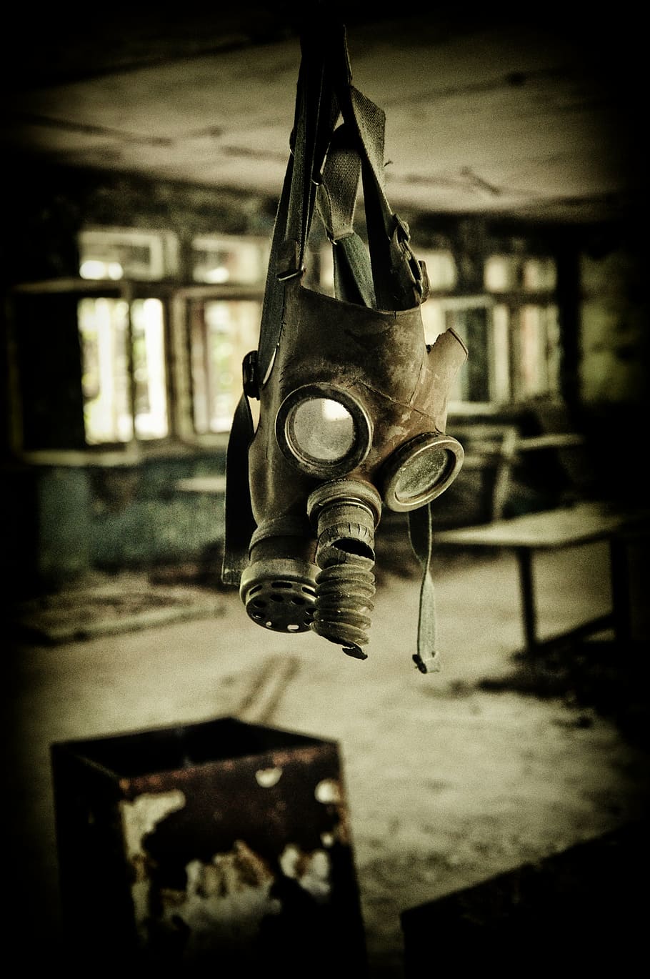 selective, focus, hanged, gas mask, pripyat, chernobyl, black And White, industry, dirty, focus on foreground