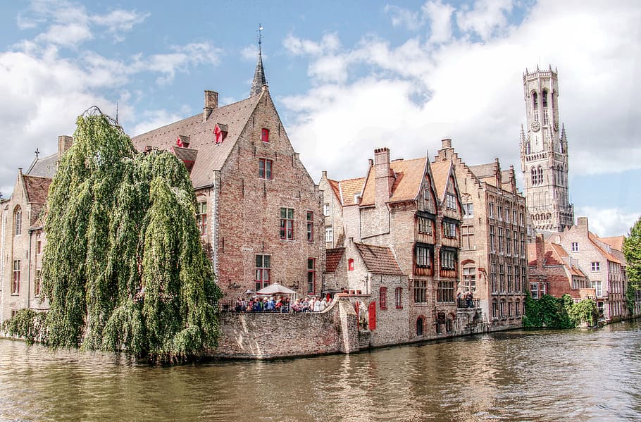 concrete, houses, body, water, belfry, tower, bruges, canal, channel, romantic