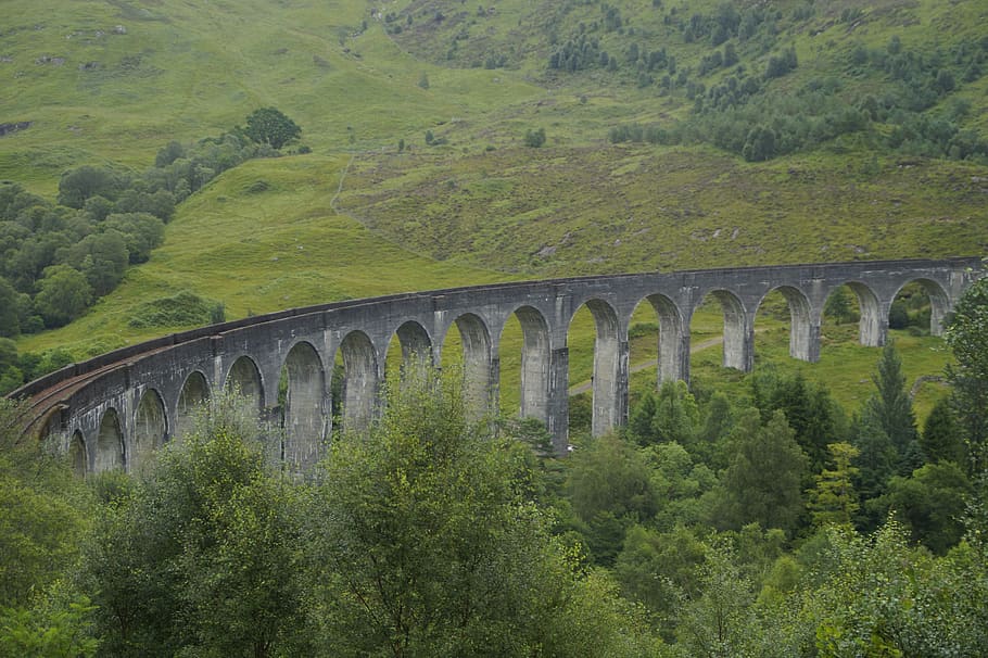 glenfinnan, jembatan di atas jalan, Kereta api, rel kereta api, jembatan, jembatan glenfinnan, Skotlandia, pemandangan, pegunungan, Arsitektur