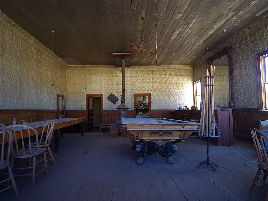 ghost town, bodie, wild west, usa, old, abandoned, salloon, billiards, indoors, table