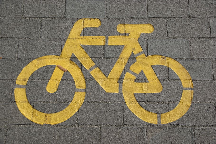 amarelo, sinalização de ciclovia, bicicleta, tráfego, ciclovia, ciclismo, ciclista, sinal, saudável, ecológico