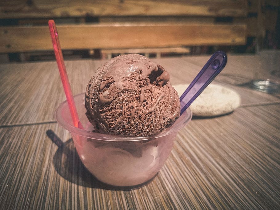 chocolate ice cream, top, brown, wooden, table, chocolate, icecream, bowl, ice cream, cup