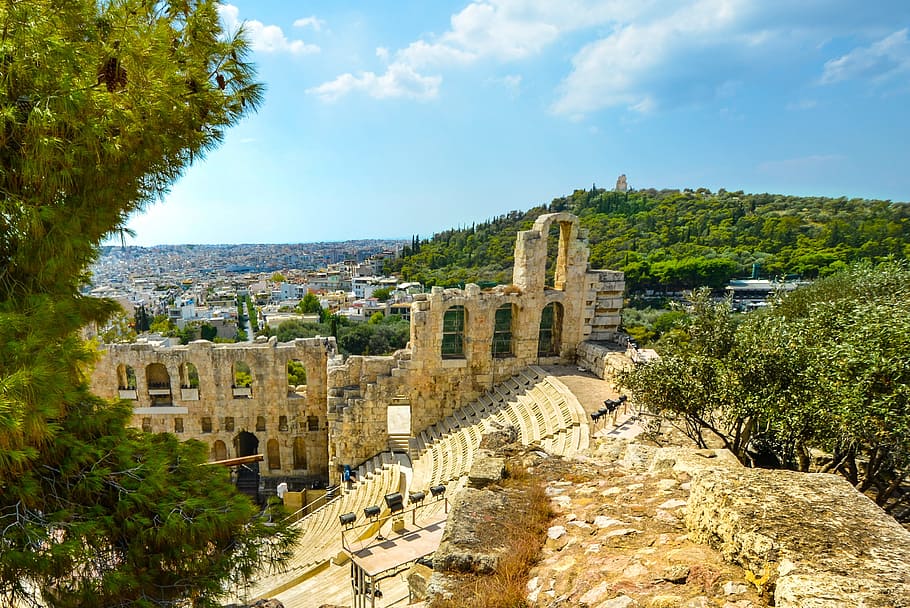 Atenas, Acrópolis, Antigua, Teatro, Partenón, Grecia, griego, vista, colina, viajes