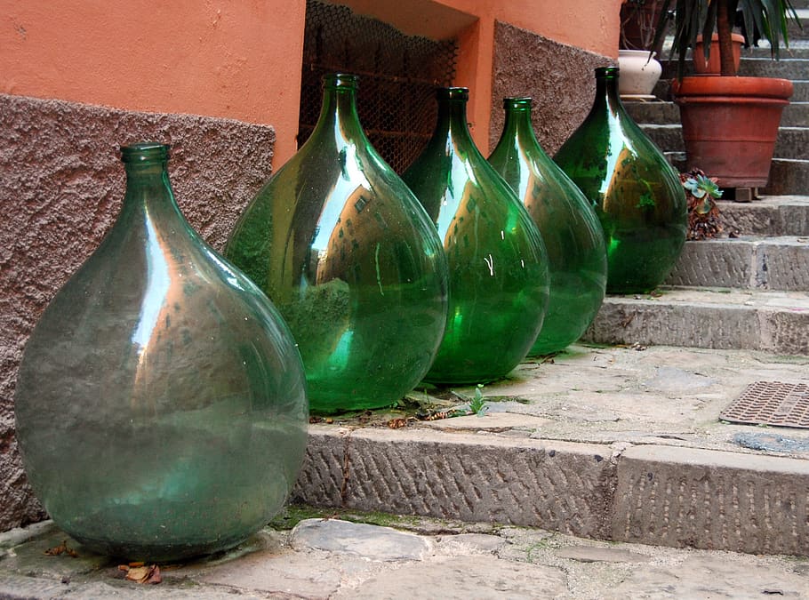 carboy, glass, stairs, empty, bottle, container, green color, wine bottle, glass - material, day