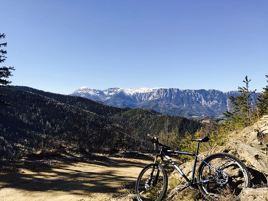 mountain bike, alpine, sport, mountain, bicycle, scenics - nature, transportation, sky, mountain range, clear sky