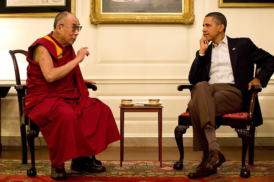 barack obama seating, brown, wooden, armchair, barack obama, dalai lama, 2011, official photo, chart room, white house