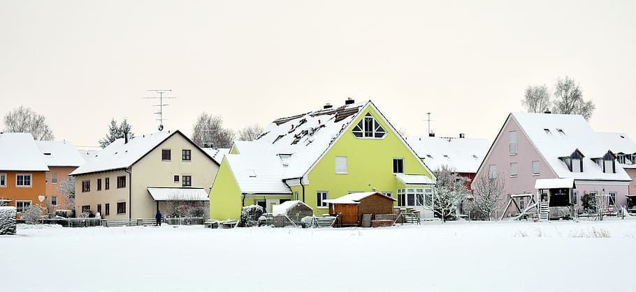 bungalow, winter, snow, family, homes, colorful, green, purple, live, protection
