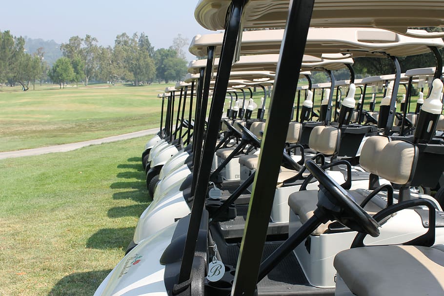 carritos de golf, alineados, campo de golf, Golf, Carrito, deporte, Carrito de golf, golfista, juego, curso