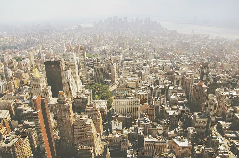 foto udara, fotografi, bangunan kota, siang hari, tinggi, sudut, pandangan, naik, gedung, new york