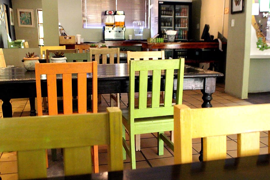 Chairs, Restaurant, Colorful, Regulation, stand, lined up, dining tables, gastronomy, eat, cafe