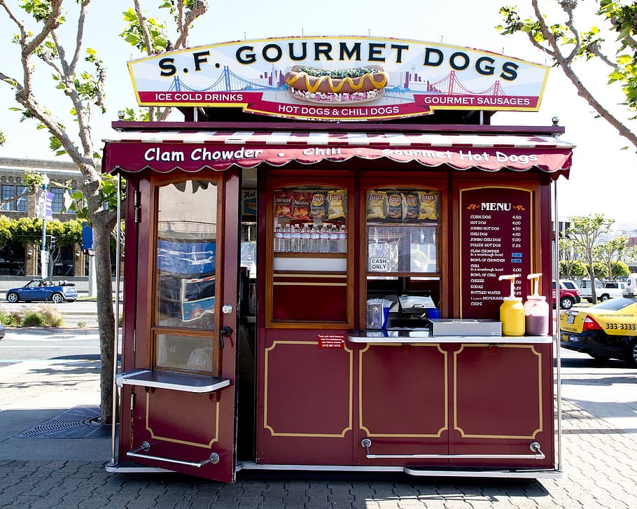 s.f., gourmey dogs food stall, outdoor, hot dog stand, fast, food, snack, hotdog, tasty, meat