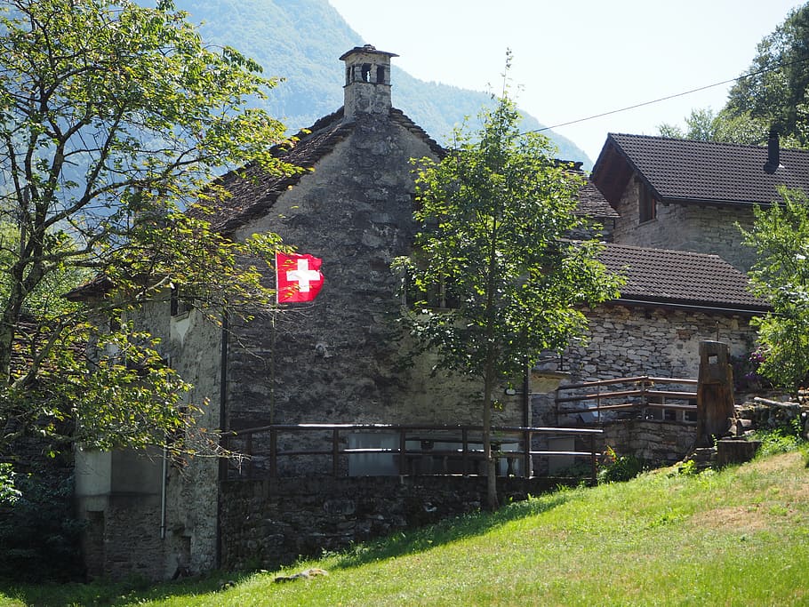 swiss flag, stone house, ticino, bergdorf, switzerland, country house, verzasca, rustico, old, landscape