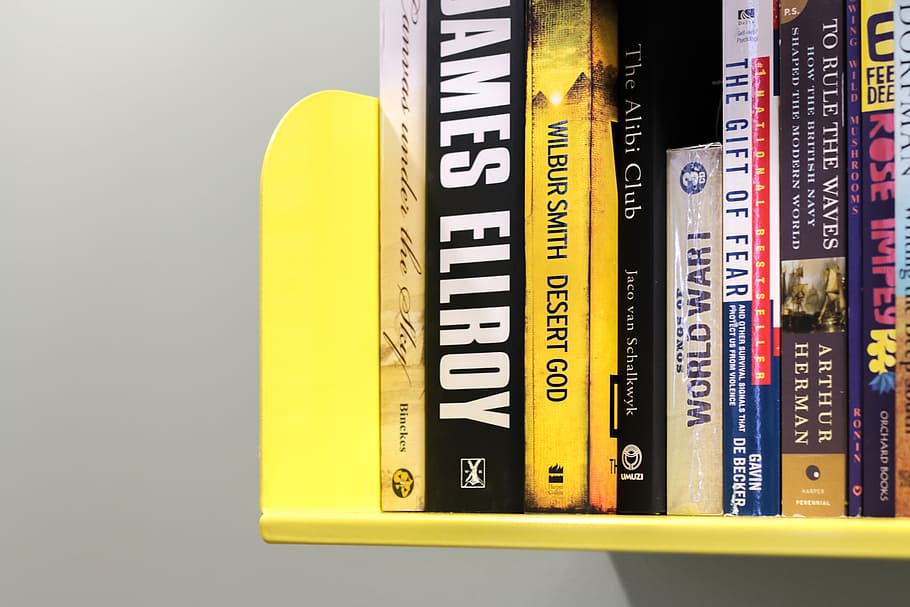 ジェームズ・エルロイの本, 棚, 本棚, 黄色, 本, 図書館, 文学, 教育, 大学, デザイン