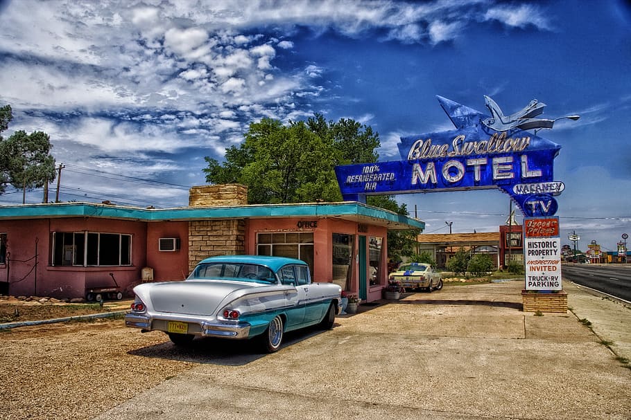 motel de andorinha azul, tucumcari, novo méxico, carro, velho, automóvel, viagem, transporte, clássico, vintage