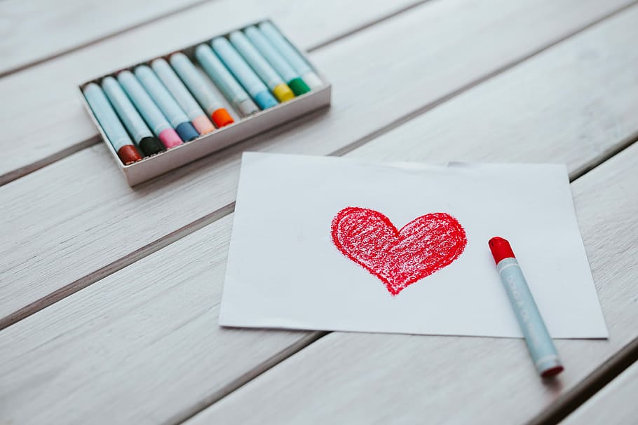 pequeño, dibujo, corazón, arte, amor, rojo, crayón, San Valentín, amado, amante