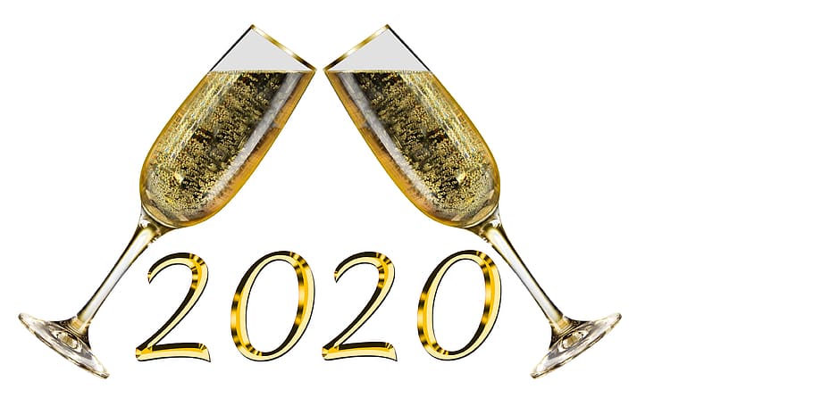 malam tahun baru, hari tahun baru, pesta, pergantian tahun, tengah malam, merayakan, sampanye, 2020, berbatasan, gelas sampanye