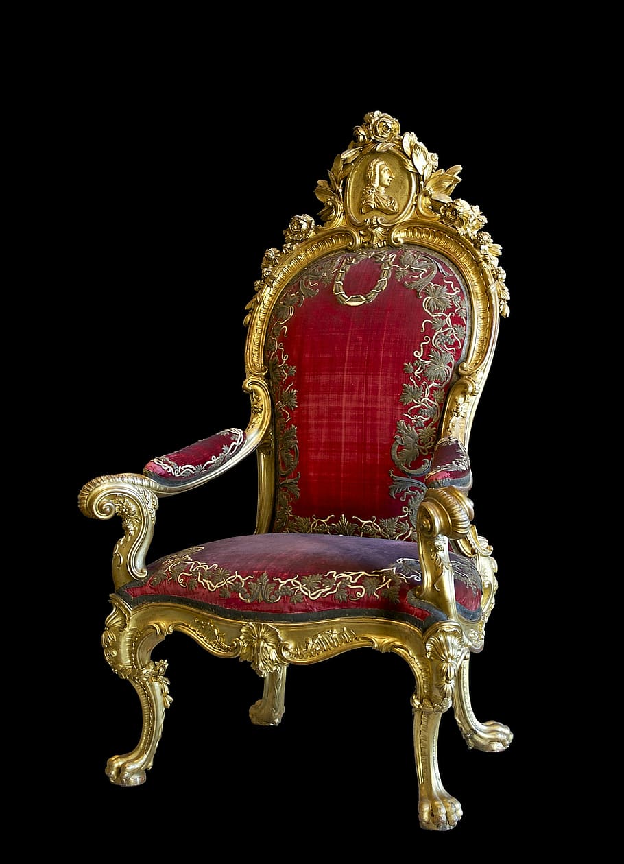 gold-colored frame, red, floral, padded, armchair, throne, chair, charles iii, spain, madrid