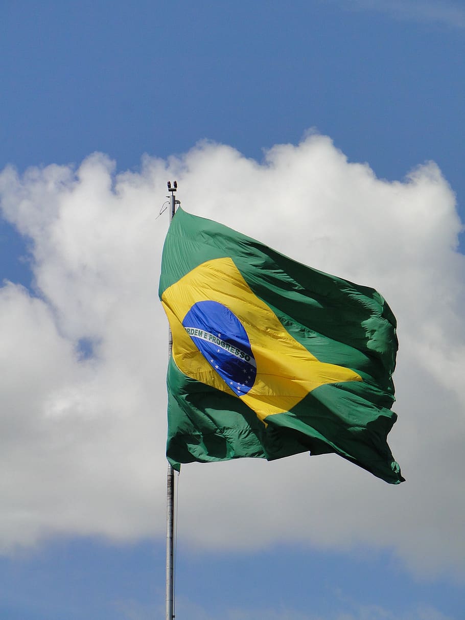 flag, brazil, sky, patriotism, cloud - sky, low angle view, environment, day, nature, multi colored