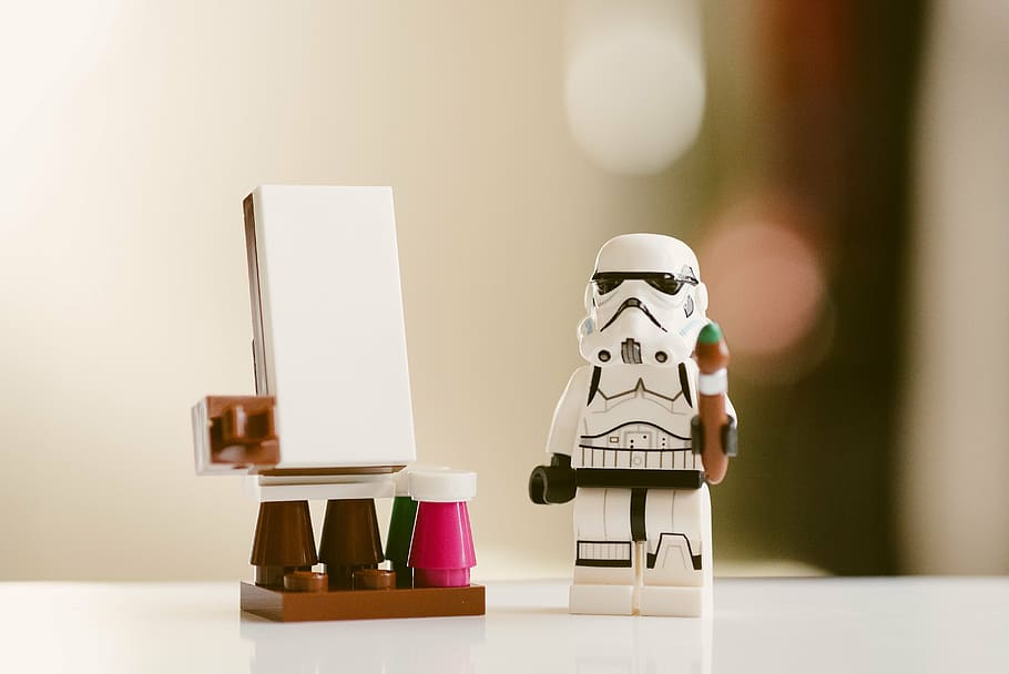star wars stormtrooper figurine, action figure, art, color, cute, design, indoors, lego, star wars, storm trooper