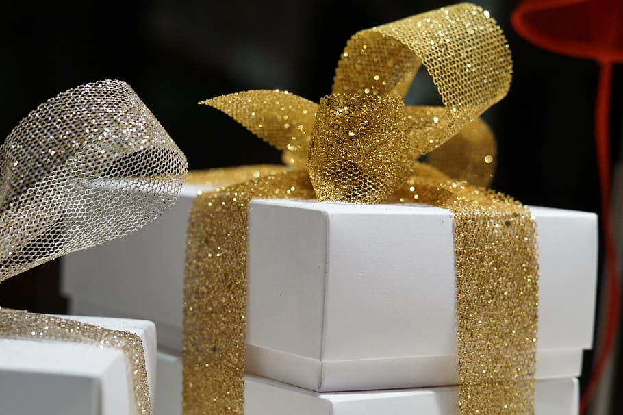blanco, caja, marrón, cintas, regalos, regalo, sorpresa, embalaje, cinta, navidad