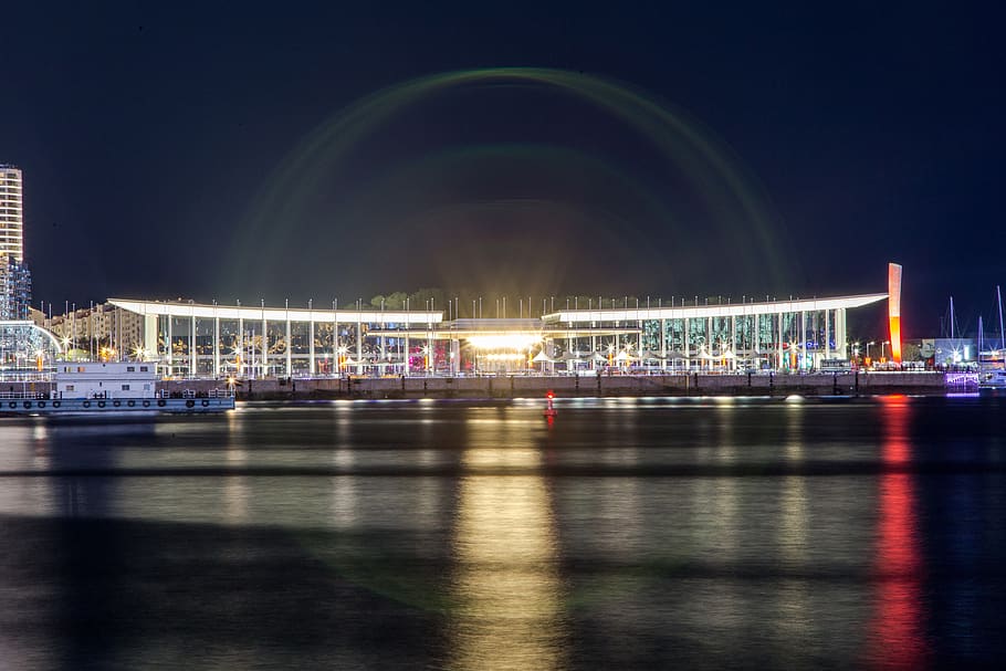 qingdao, international conference center, long exposure, night, water, illuminated, architecture, transportation, nautical vessel, reflection