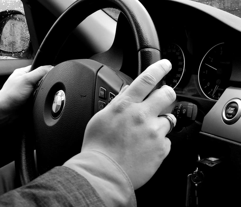 steering wheel, driving a car, driver, bmw, black and white, auto, hands, travel, drive, exit
