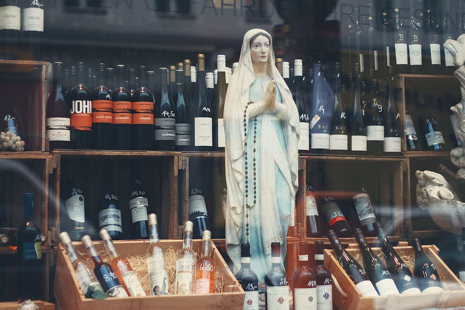 alcoholic, drink, beverage, bottle, wine, store, display, mary statue, retail, retail display
