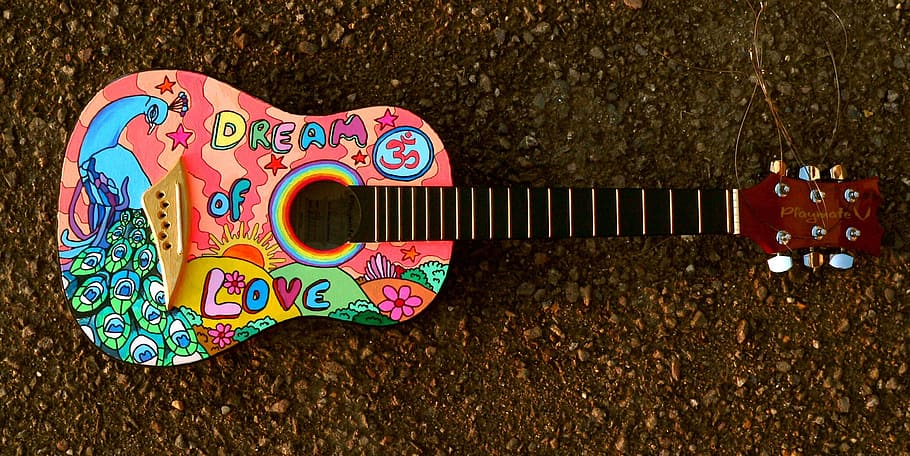 multicolored acoustic guitar, painted guitar, hippie, music, cartoon, player, painted, drawing, guitar, musician